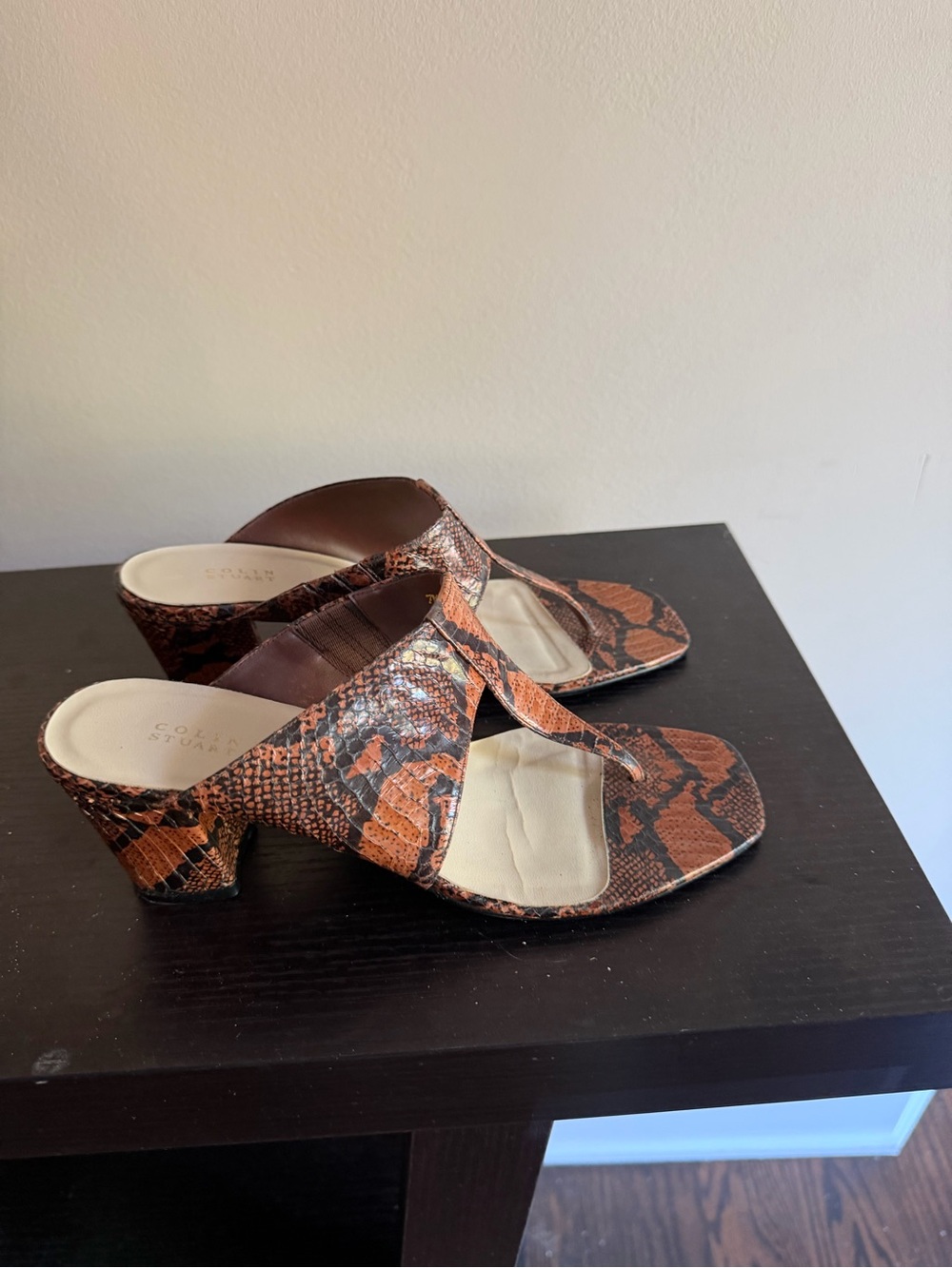 Colin Stuart Snake-Print Brown Leather Thong sandals with Block Heel